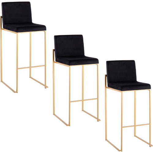 Fuji 30" High Back Bar Stool in Gold Steel & Black Velvet (Set of 3)